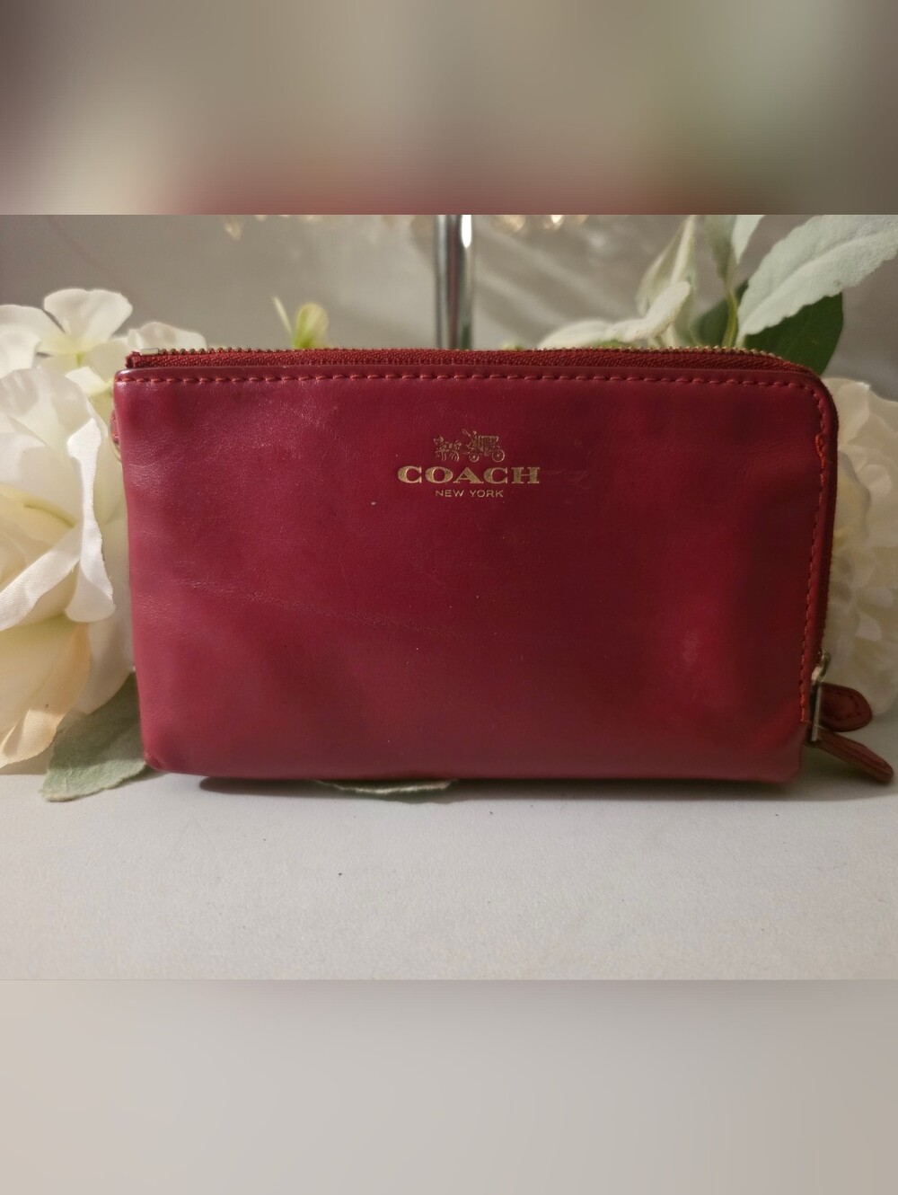 Coach Red Leather Zip Wallet / Pouch with Gold Logo